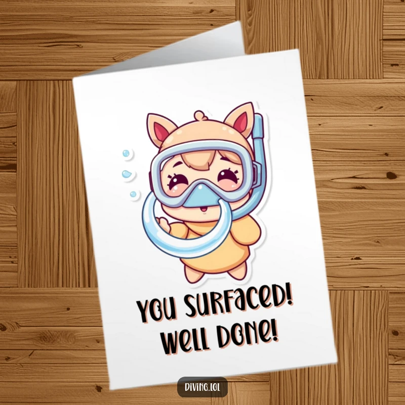 Funny Free Printable Congratulations Card: A character in a snorkel mask making a perfect bubble ring, signifying celebration.