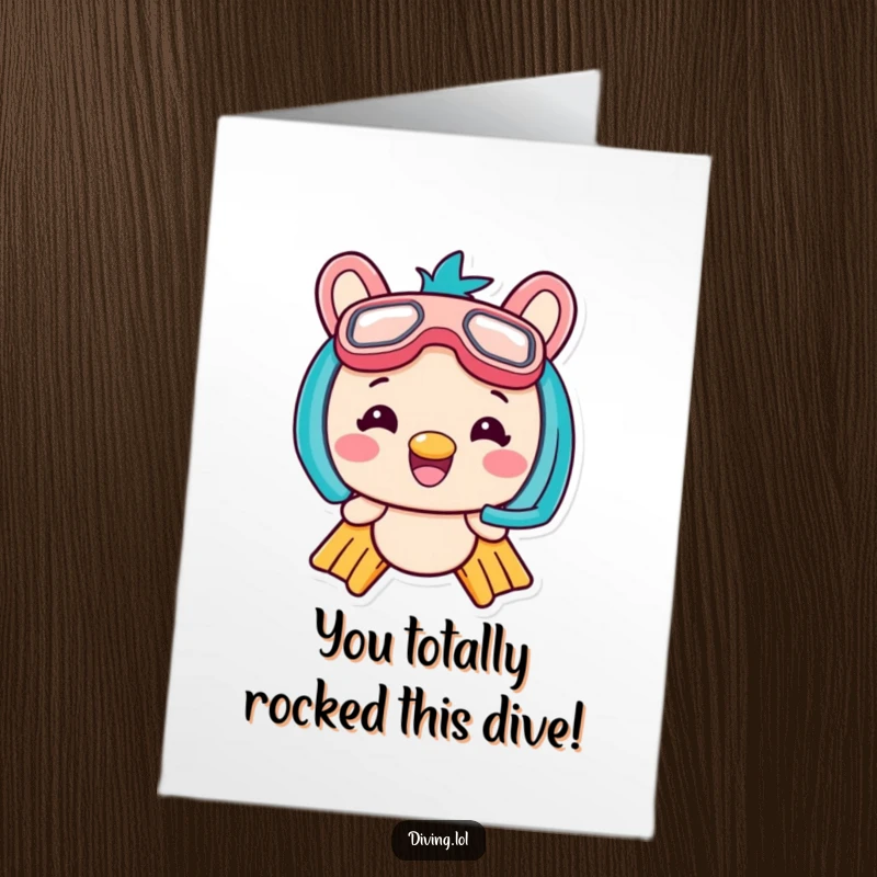 Funny Free Printable Kawaii Diver Congratulations Card: Adorable kawaii character with flippers and snorkel, grinning widely to celebrate success.