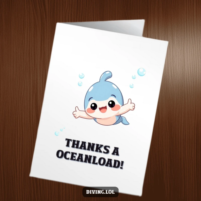 Funny Free Printable thank you card featuring an adorable subject swimming joyfully underwater and giving a thumbs up of appreciation.