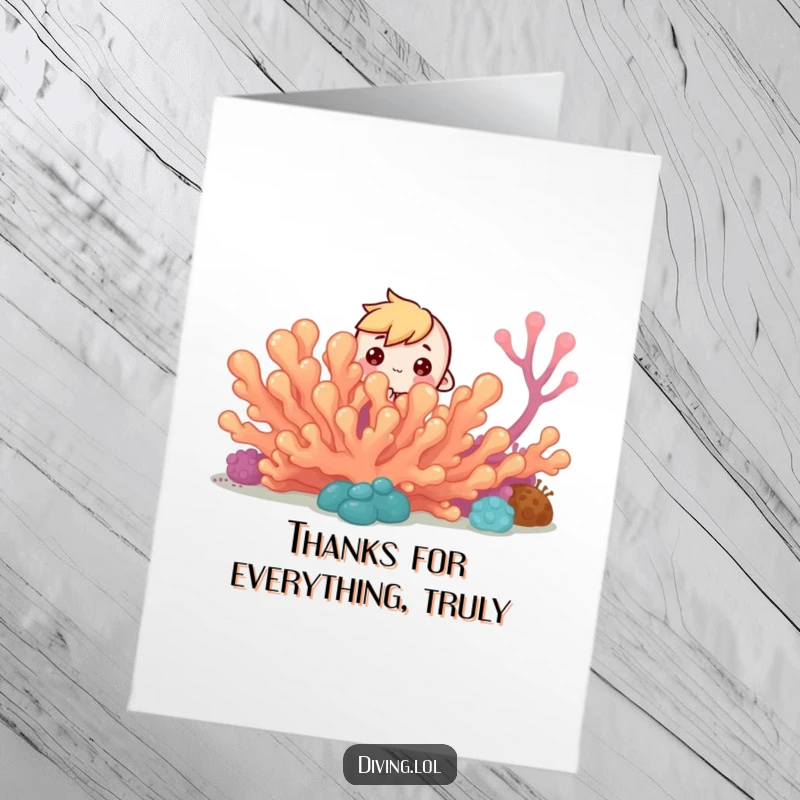 Funny Free Printable Thank You Card: a tiny character peeking from behind a coral reef, expressing thanks.