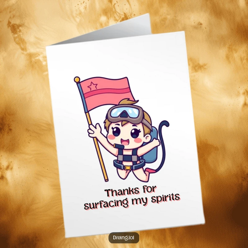 Funny Free Printable Thank You Card: A cute character gives a cheerful wave from a dive flag, showing appreciation.