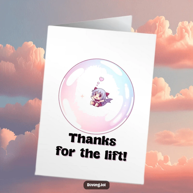 Funny Free Printable Thank You Card: Small character joyfully riding giant bubble underwater, expressing gratitude, whimsical art, downloadable.
