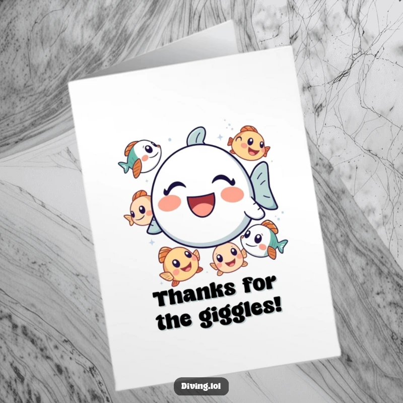 Funny Free Printable Thank You Card: Bubbly icon laughing surrounded by curious fish, expressing gratitude, underwater theme, downloadable.