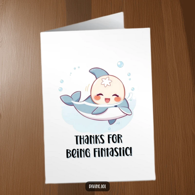 Funny Free Printable Thank You Card: Sweet creature gleefully swimming with playful dolphin, expressing gratitude, underwater theme, downloadable.