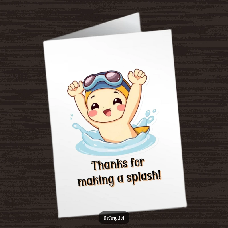 Funny Free Printable Thank You Card: Joyful character exuberantly splashing water with flippers, expressing thanks.