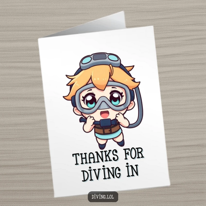 Funny Free Printable Thank You Card: Wide-eyed diver character showing sincere gratitude, a unique way to say thanks.