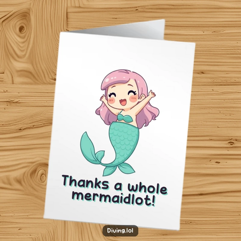 Funny Free Printable Thank You Card of a playful character dressed as a mermaid, kicking legs with delighted gratitude.