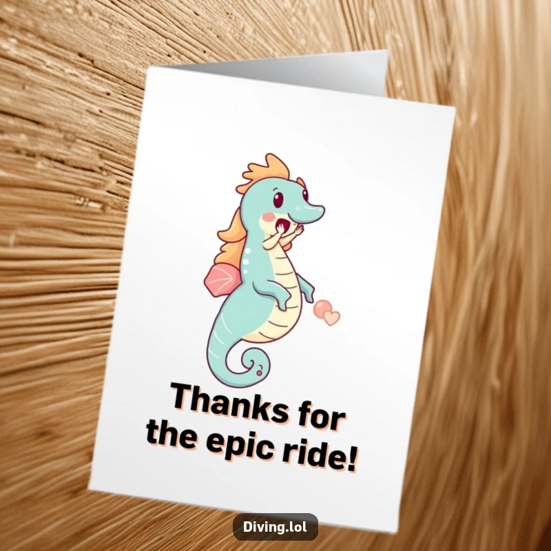 Funny Free Printable Thank You Card: Character riding seahorse, expressing thanks, pure delight, downloadable art gift.