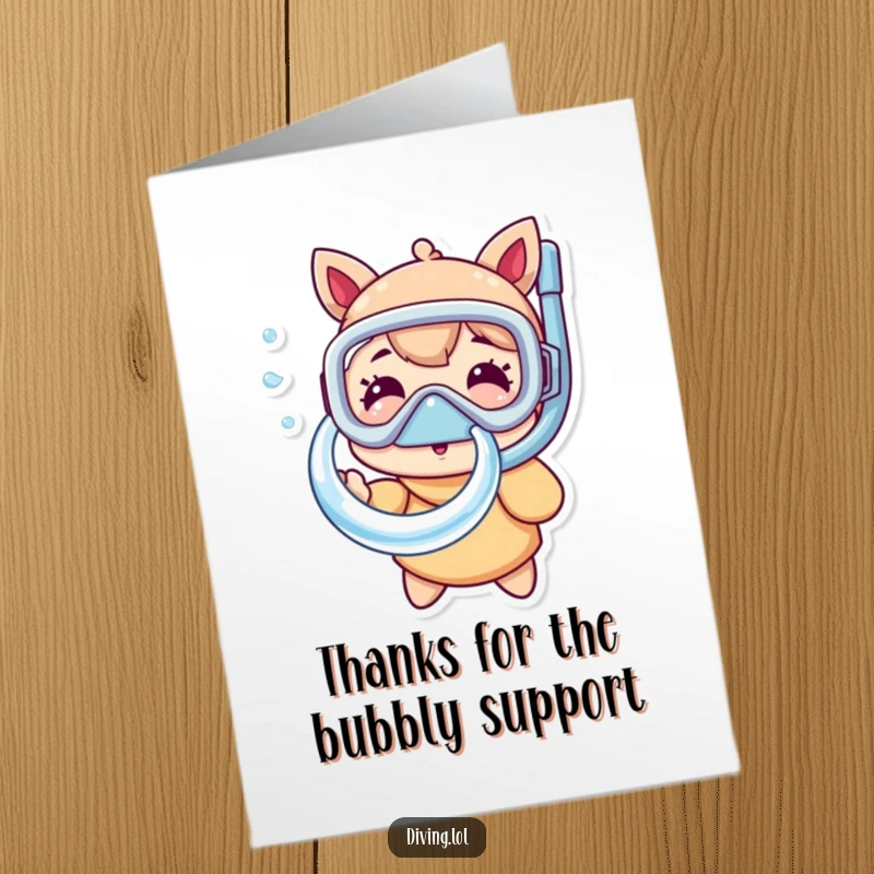 Funny Free Printable Thank You Card: A character in a snorkel mask happily blowing a large bubble ring, sending thanks.