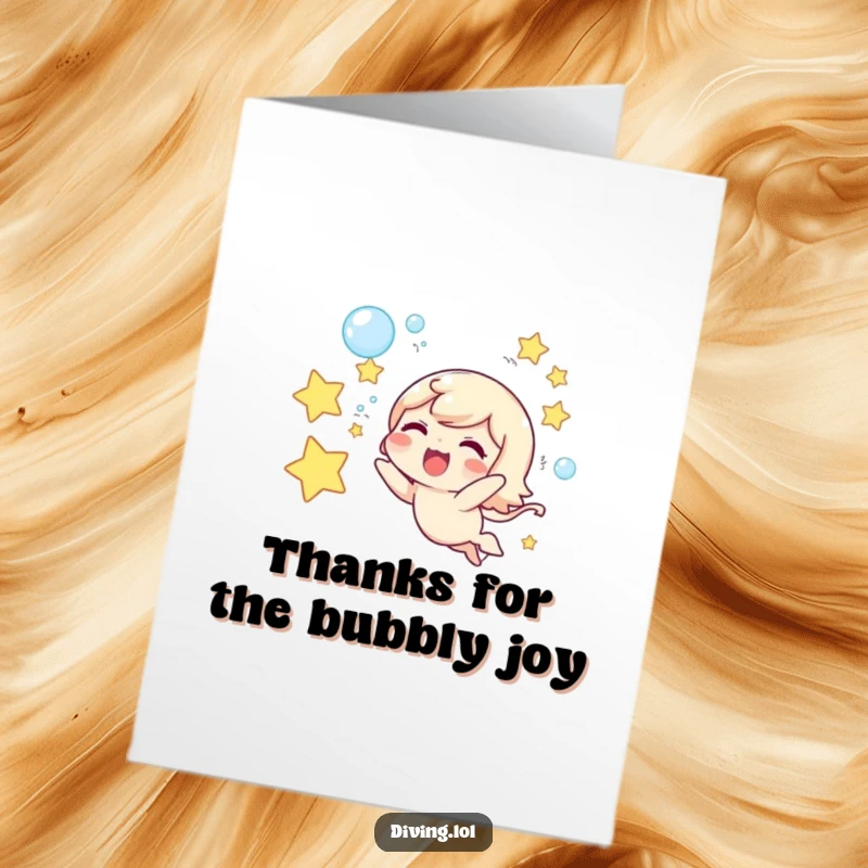 Funny Free Printable Thank You Card: A cute character joyfully blows star-shaped bubbles, sending sparkling thanks your way.