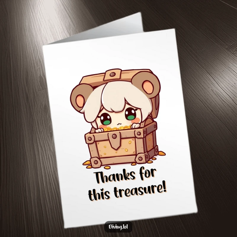 Funny Free Printable Thank You Card: Character eyes sparkling with surprise upon discovering a treasure chest, a metaphor for heartfelt gratitude.