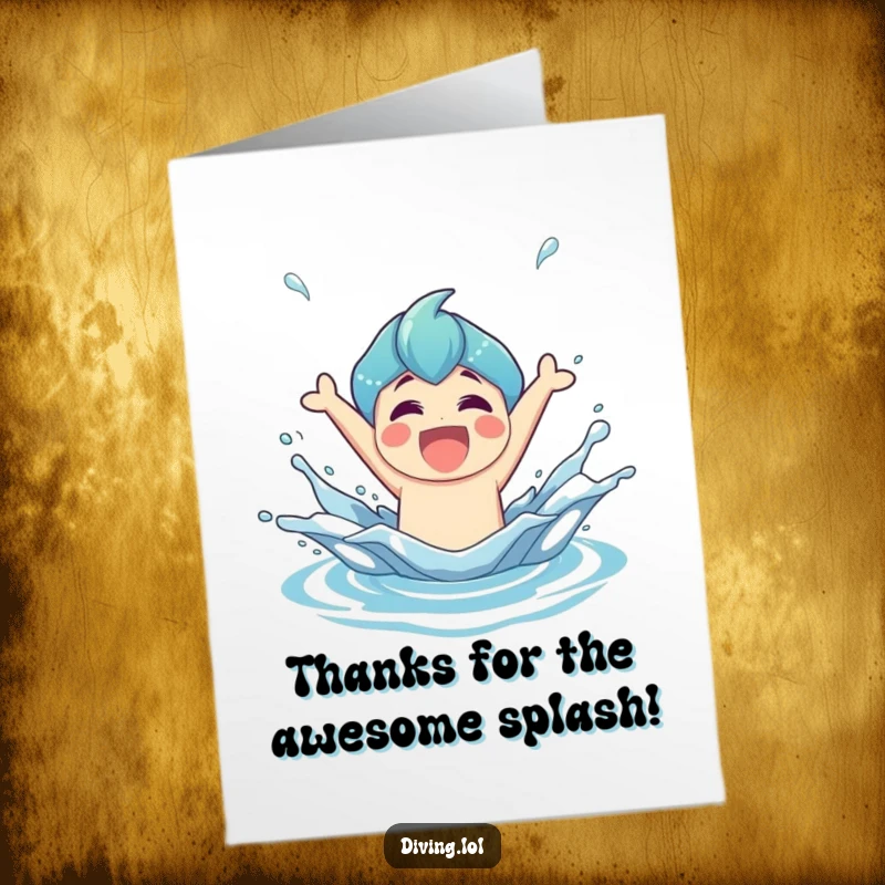 Funny Free Printable Thank You Card of a joyful character with a triumphant splash, bursting from water in thanks.