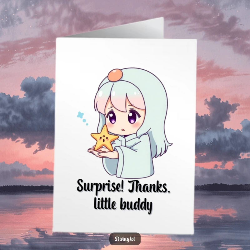 Funny Free Printable Thank You Card: Character looking surprised at a tiny, beaming starfish on their hand, conveying heartfelt appreciation.