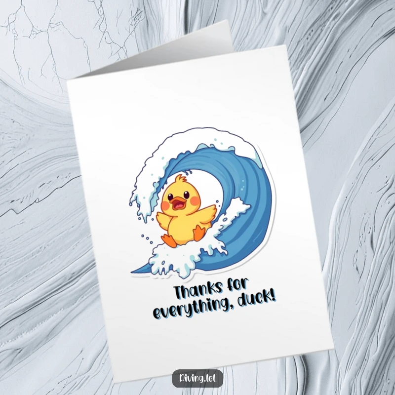Funny Free Printable Thank You Card: A surprised rubber duck character hits a giant wave, humorously expressing thanks.