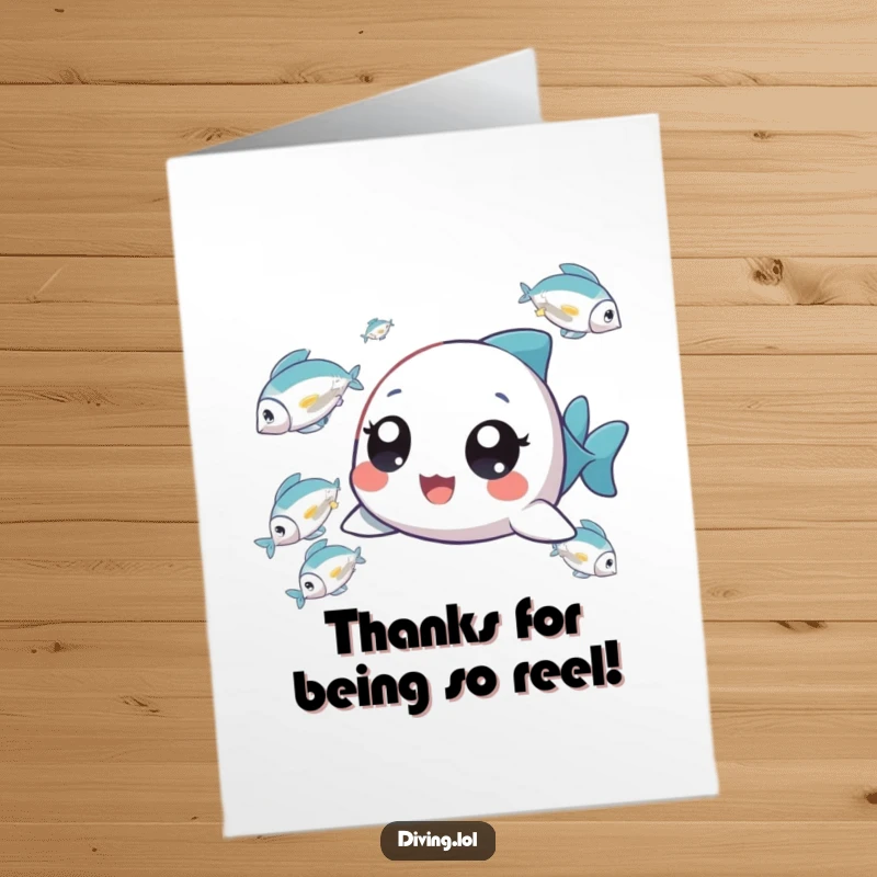 Funny Free Printable Fish Chaser Thank You Card: Tiny character with wide, delighted eyes chasing fish, expressing heartfelt thanks.