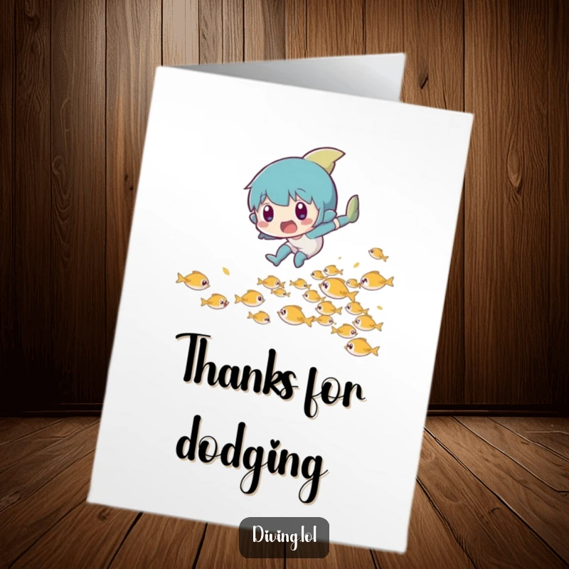 Funny Free Printable Thank You Card: Character in a surprised leap, dodging fish, a whimsical way to show gratitude.