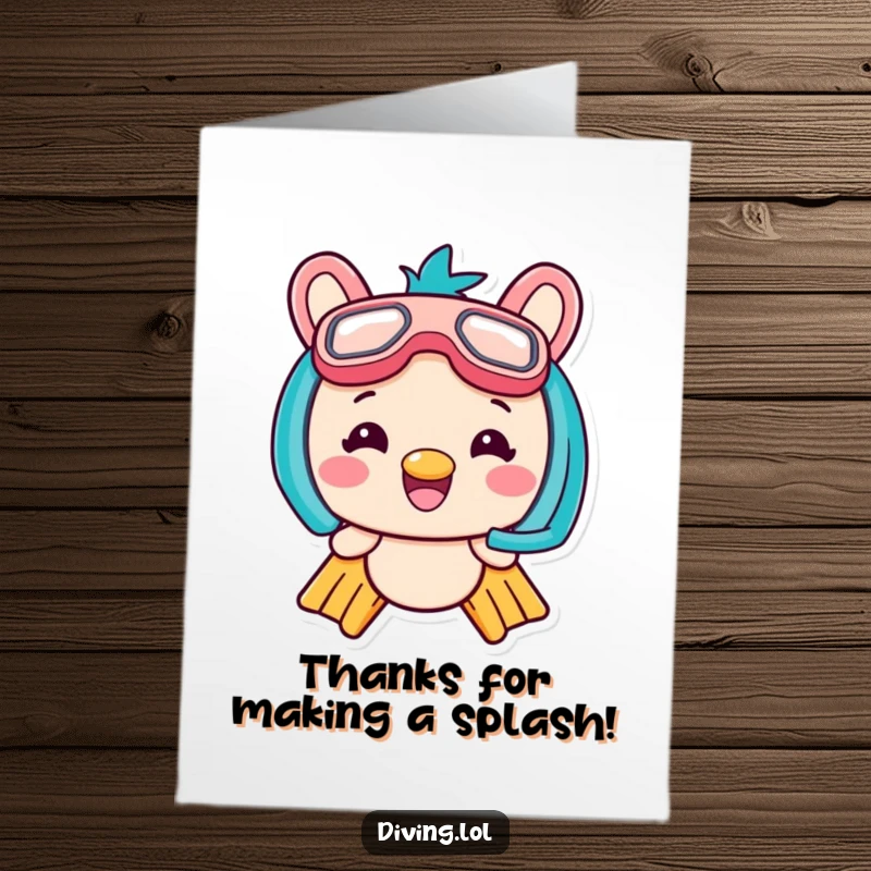 Funny Free Printable Kawaii Diver Thank You Card: Grinning kawaii character in flippers and snorkel, conveying thanks with underwater charm.