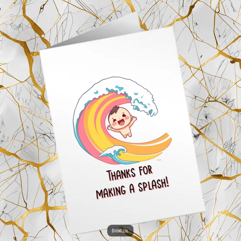 Funny Free Printable Thank You Card: Enthusiastic character diving into a large, colorful wave, expressing thanks with energetic underwater fun.