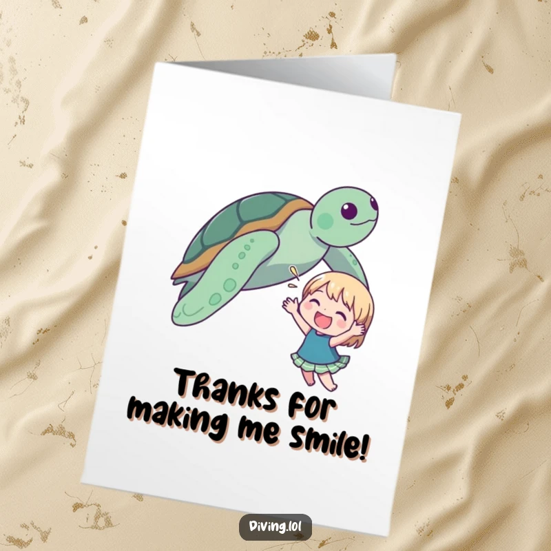 Funny Free Printable Thank You Card: Cute character joyfully waving with excitement at a sea turtle.