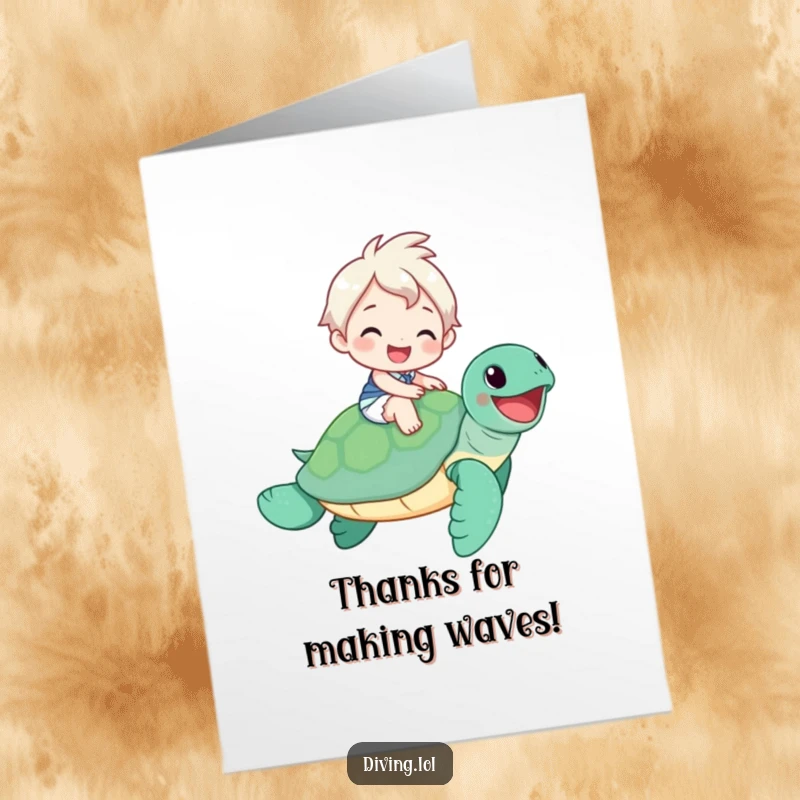 Funny Free Printable Thank You Card depicting a character happily riding a sea turtle, conveying thanks with a smile.