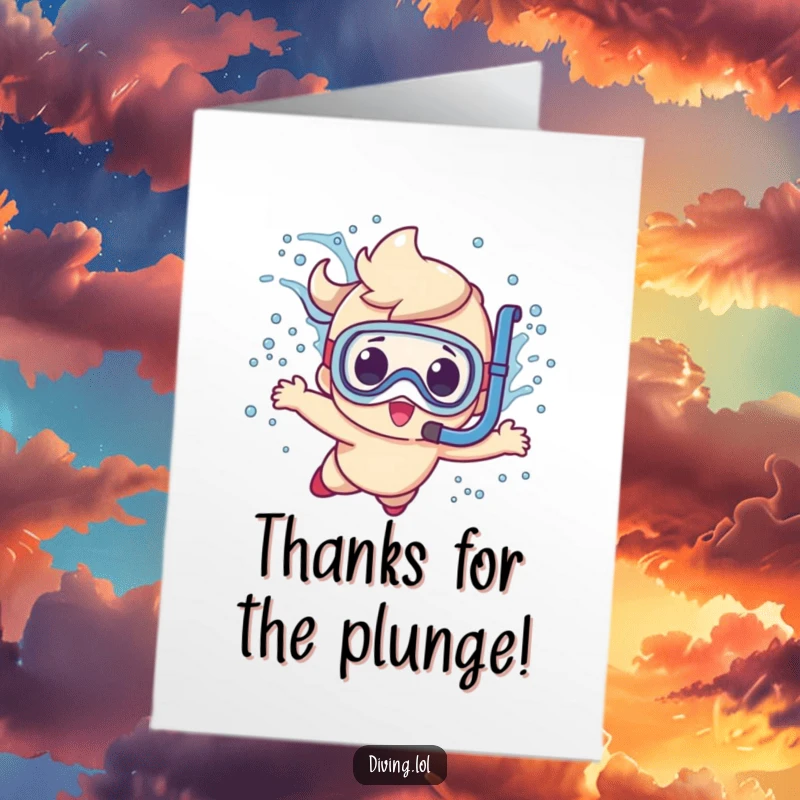Funny Free Printable Thank You Card: Cute character diving with snorkel, making a big splash, expressing gratitude, downloadable art.