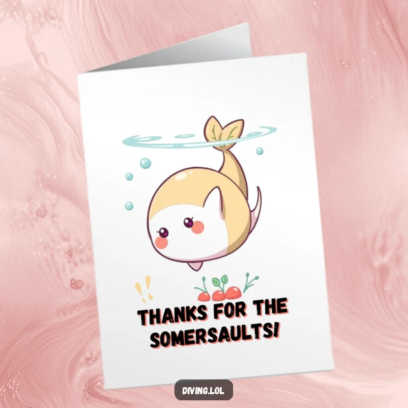 Funny Free Printable Thank You Card: A playful food item character doing a somersault underwater, expressing gratitude with humor.