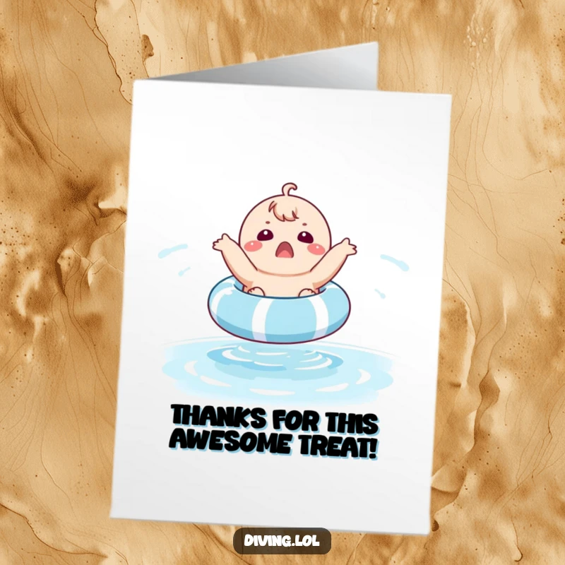 Funny free printable thank you card with a surprised chubby character on a pool float.