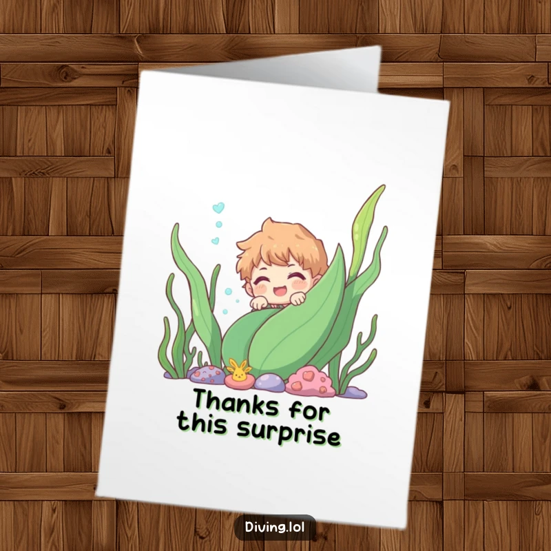 Funny Free Printable thank you card with a smiling character peeking mischievously from behind an underwater plant.
