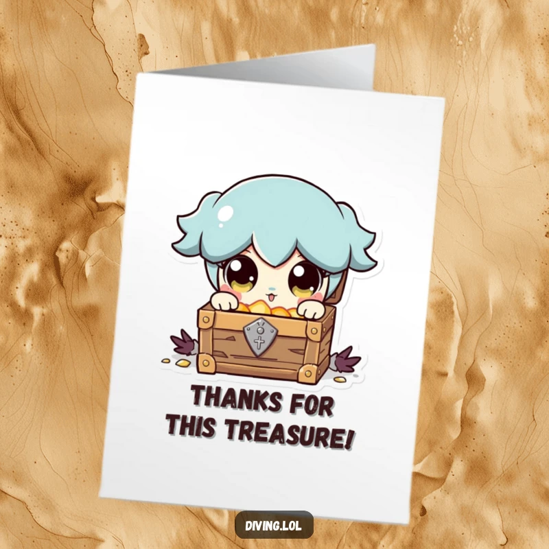 Funny Free Printable Thank You Card: Character amazed by a discovered treasure chest, perfect for a thoughtful DIY gift.