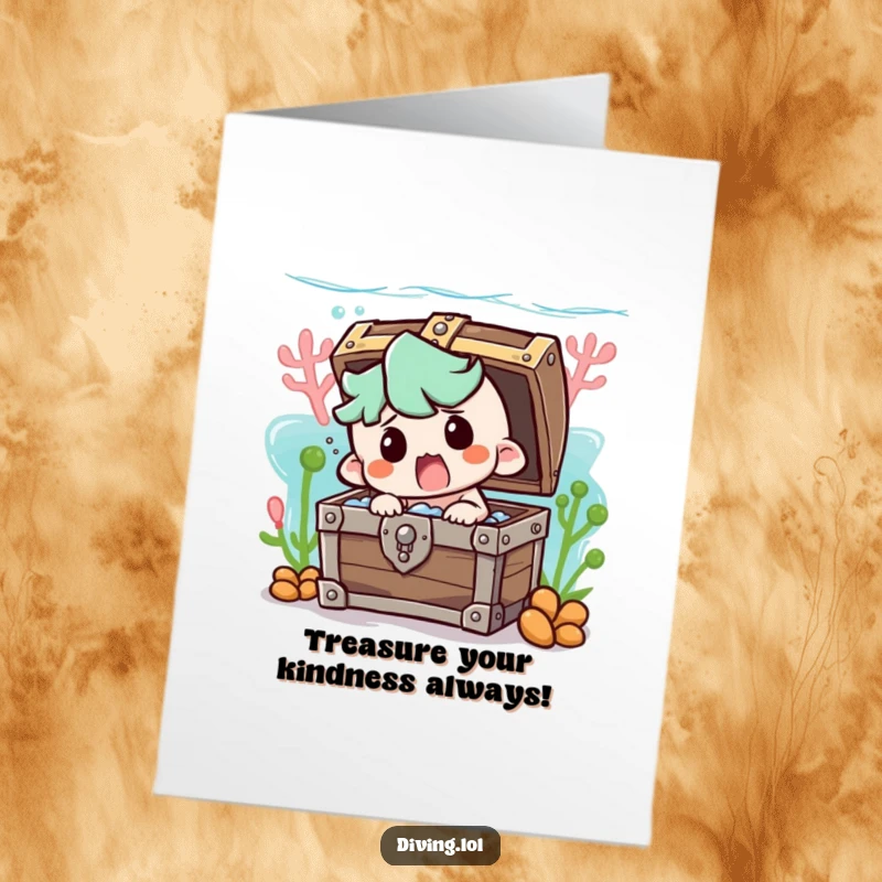 Funny Free Printable Thank You Card: Character comically bumping into a treasure chest underwater with a startled expression.