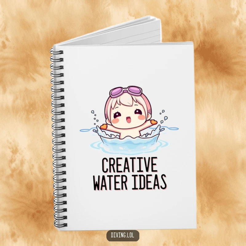 Funny notebook cover featuring a character playfully splashing water while wearing flippers, perfect for summer notes and beach ideas.