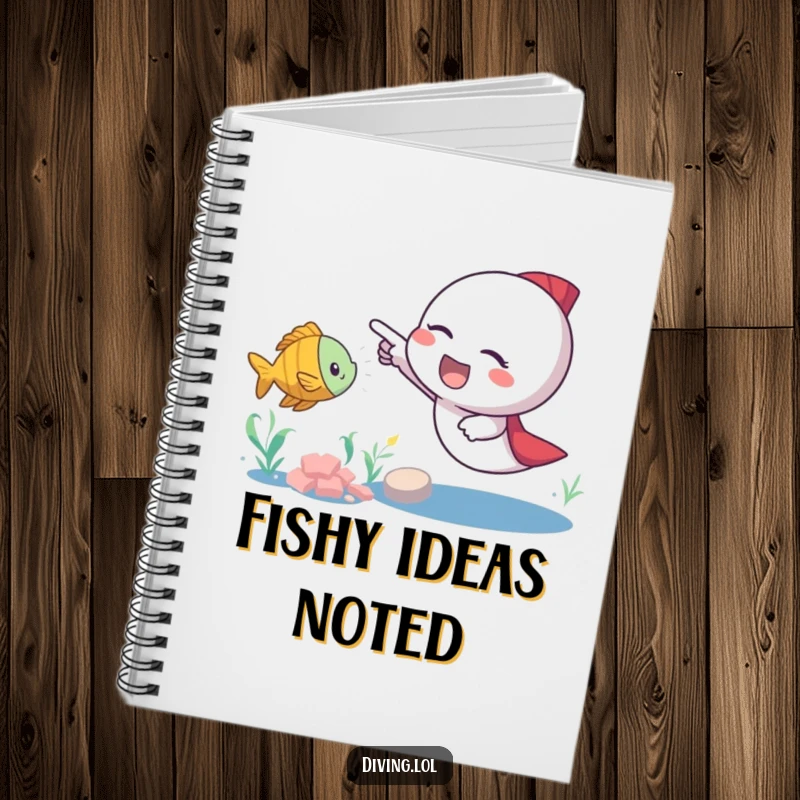 Funny fish pointer notebook featuring an excited character pointing at a nearby swimming fish, inspiring creative writing and discovery-themed thoughts.