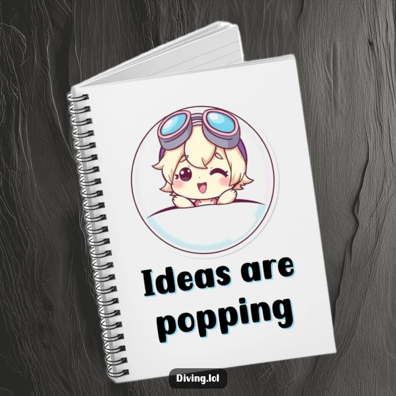 Funny notebook with a cute character emerging from a bubble, goggles askew, smiling, ready to jot down brilliant ideas.