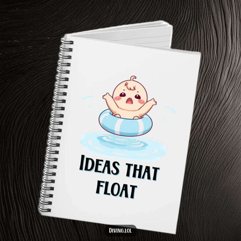 Funny notebook cover showing a chubby character in shock, bouncing on a pool float, ready for creative jotting and humorous ideas.