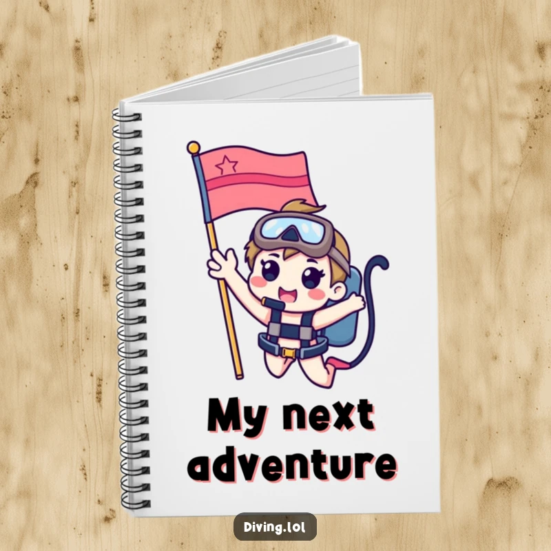 Funny notebook with a cute character waving from a dive flag, perfect for jotting down dive logs and ocean-inspired thoughts.