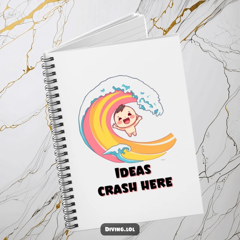 Funny notebook with a cheerful character diving into a stylized wave. A creative and humorous tool for writing and drawing.