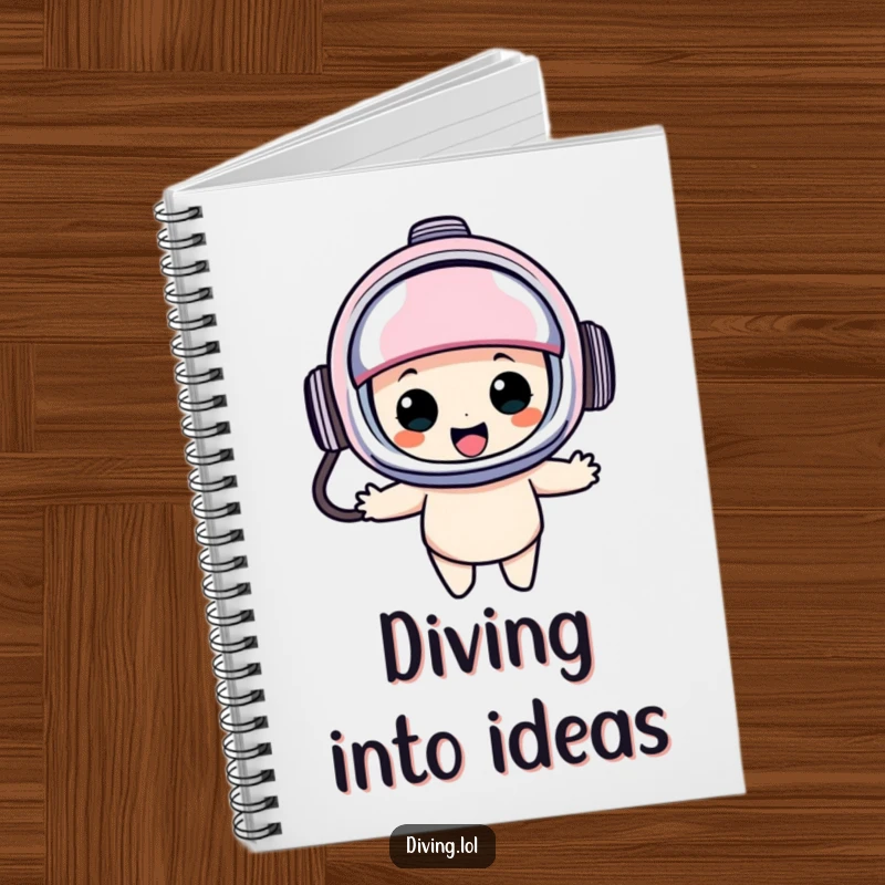 Funny diving helmet notebook featuring a character in an oversized helmet, bobbing happily, inspiring creative writing and underwater-themed thoughts.