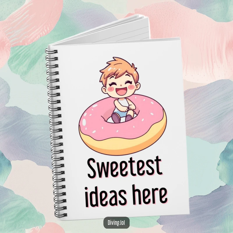 Funny notebook cover with a joyful character gleefully riding a giant inflatable donut, perfect for jotting down sweet ideas and happy notes.