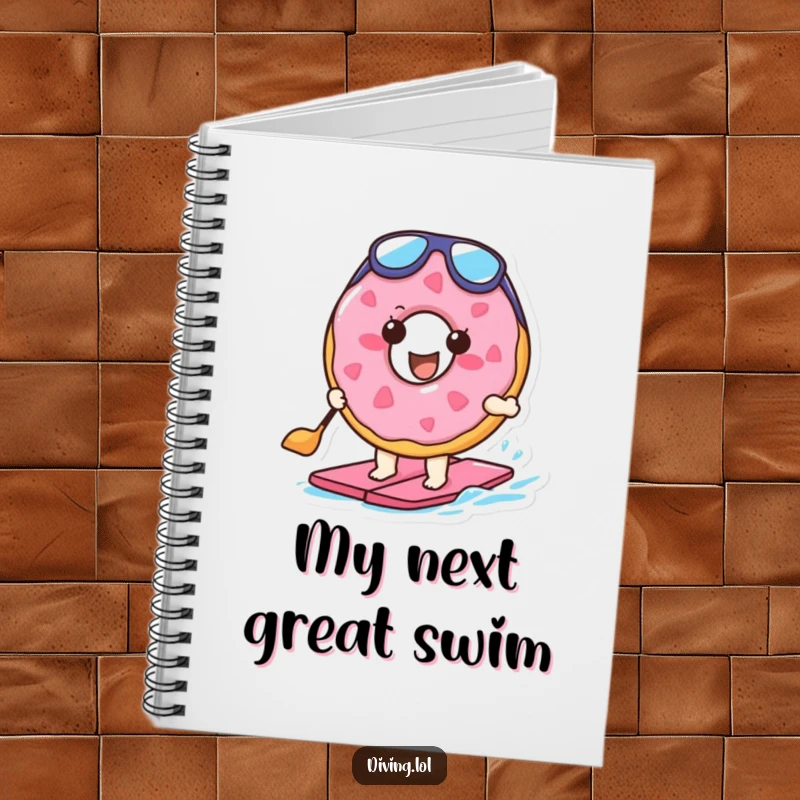 Funny notebook featuring a cheerful doughnut character in flippers, paddling energetically, designed to inspire creativity and humor.