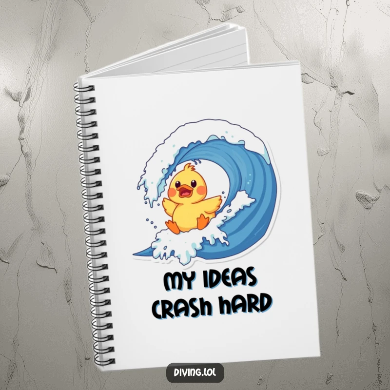 Funny duck wave notebook cover with a surprised rubber duck character crashing into a giant wave, a humorous stationery item.