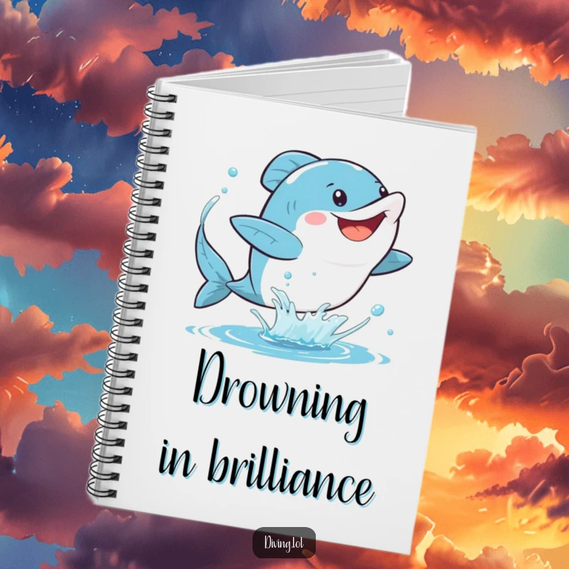 Funny fins notebook featuring a character gleefully kicking their fins, sending a spray of water, inspiring creative writing and energetic thoughts.