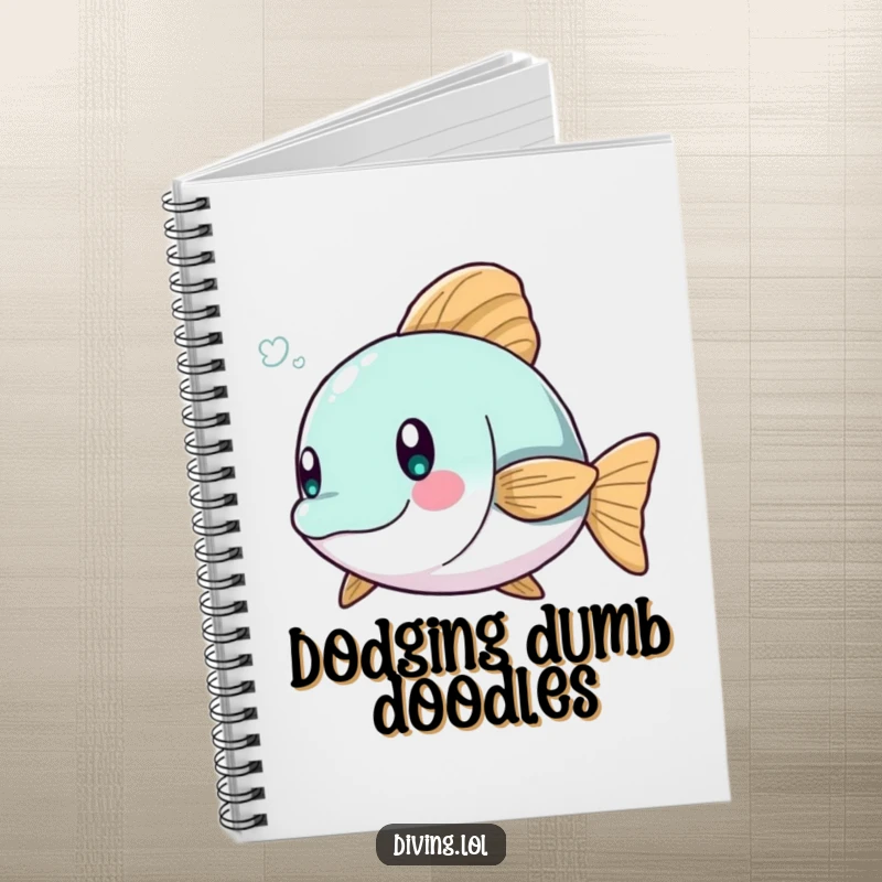 Funny notebook with a character dodging a playful fish, great for notes, lists, and plotting escapes.
