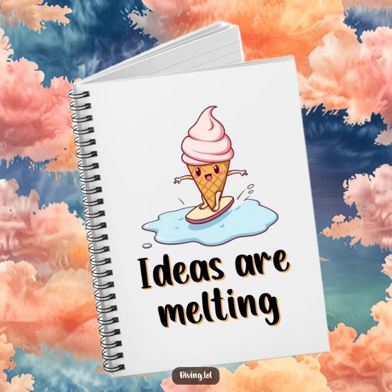 Funny notebook featuring a determined ice cream cone character surfing a melting puddle, designed for jotting down ideas with humor.