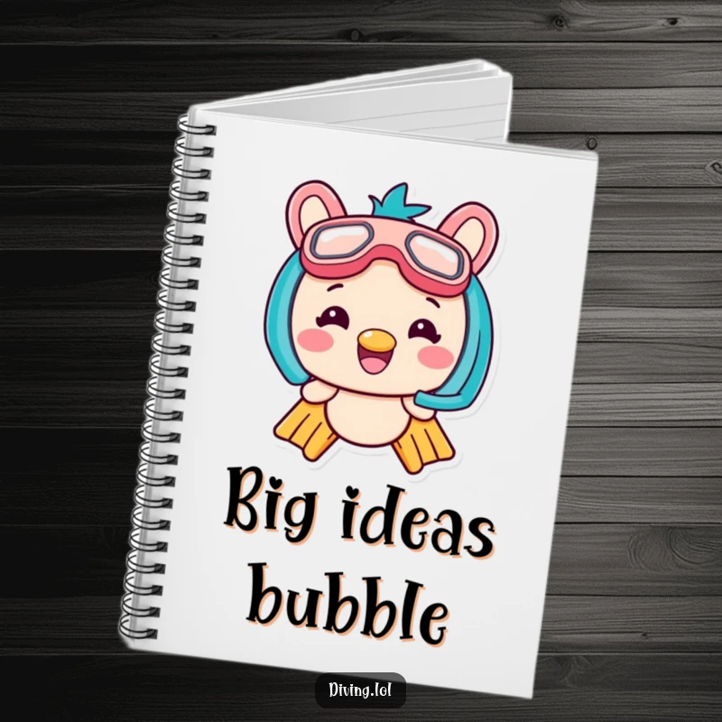 Funny Kawaii Flippers Notebook featuring a grinning character with snorkel and flippers, ideal for jotting down notes and doodles.