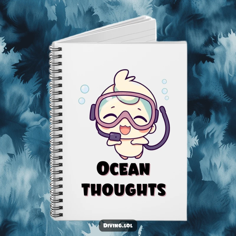 Funny notebook with a kawaii character in scuba mask, giggling underwater, inspiring creative writing and ideas.