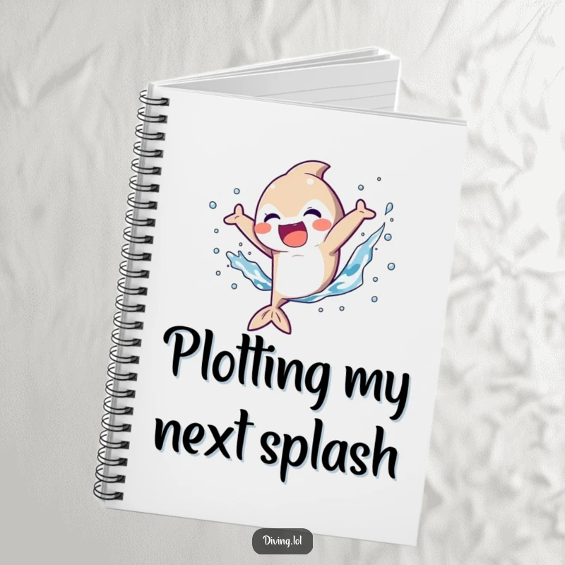 Funny Notebook with a character energetically kicking fins, creating a bubbly, joyful splash, ideal for jotting down thoughts and dreams.