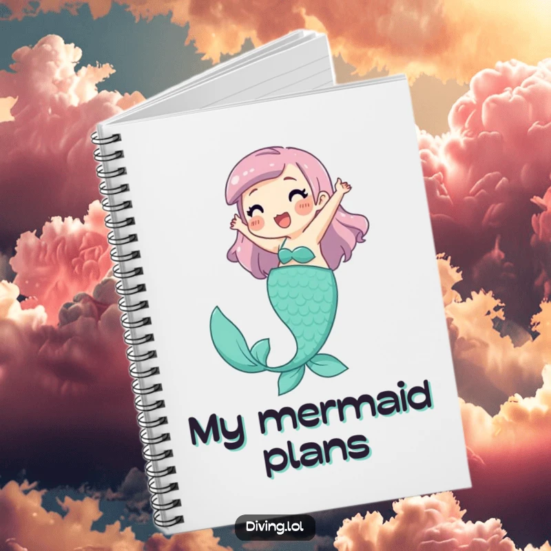 Funny Notebook featuring a playful character joyfully kicking legs, pretending to be a mermaid, ideal for writing.