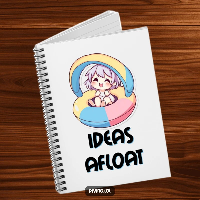 Funny notebook cover featuring a cute character joyfully floating on a colorful inflatable, perfect for summer notes and relaxation plans.