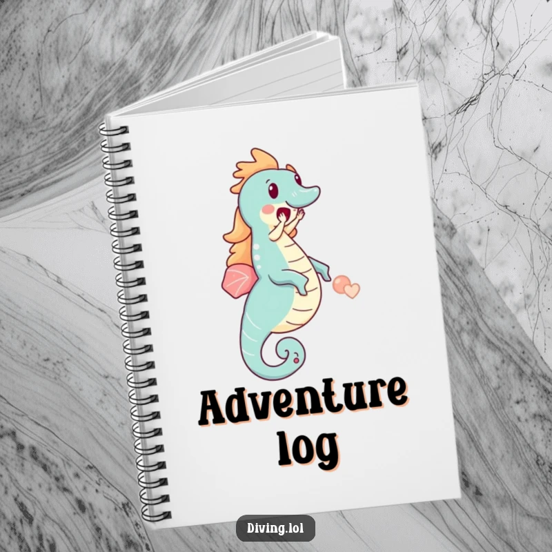 Funny notebook with a small character riding a huge seahorse, inspiring joyful thoughts and creative writing.
