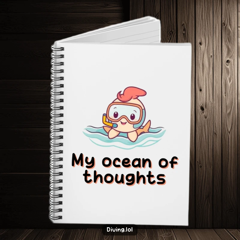 Funny notebook with a small, happy character with a snorkel gracefully gliding through wavy water, perfect for capturing underwater ideas.
